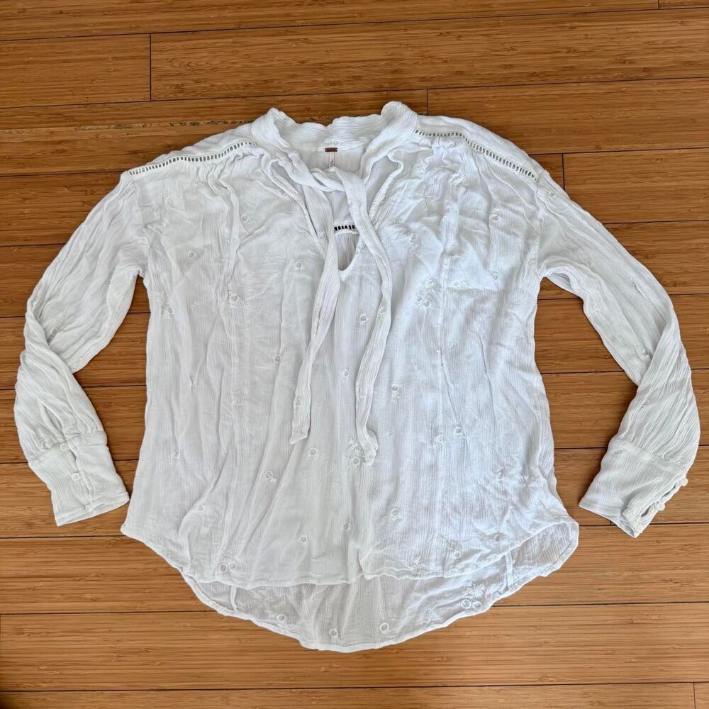 Free People White Embroidered Rayon Tie Neck Top L Boho Flowy Long Sleeve